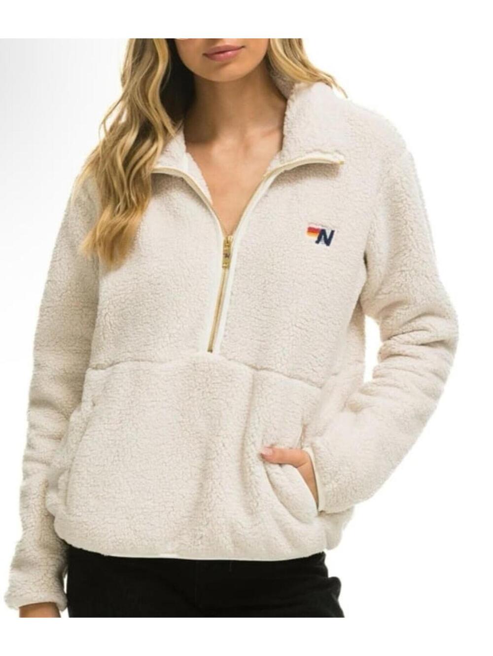 AVIATOR NATION TEDDY UNISEX HALF ZIP JACKET - VINTAGE WHITE SZ S
